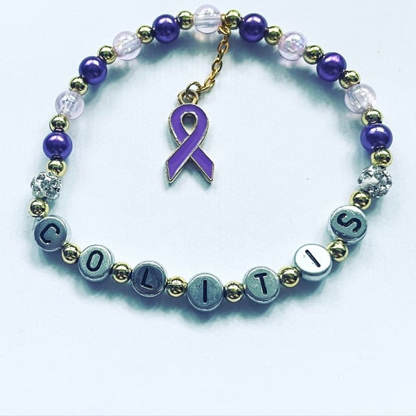 Colitis charm shamballa stretch beaded bracelet  awareness support purple ribbon