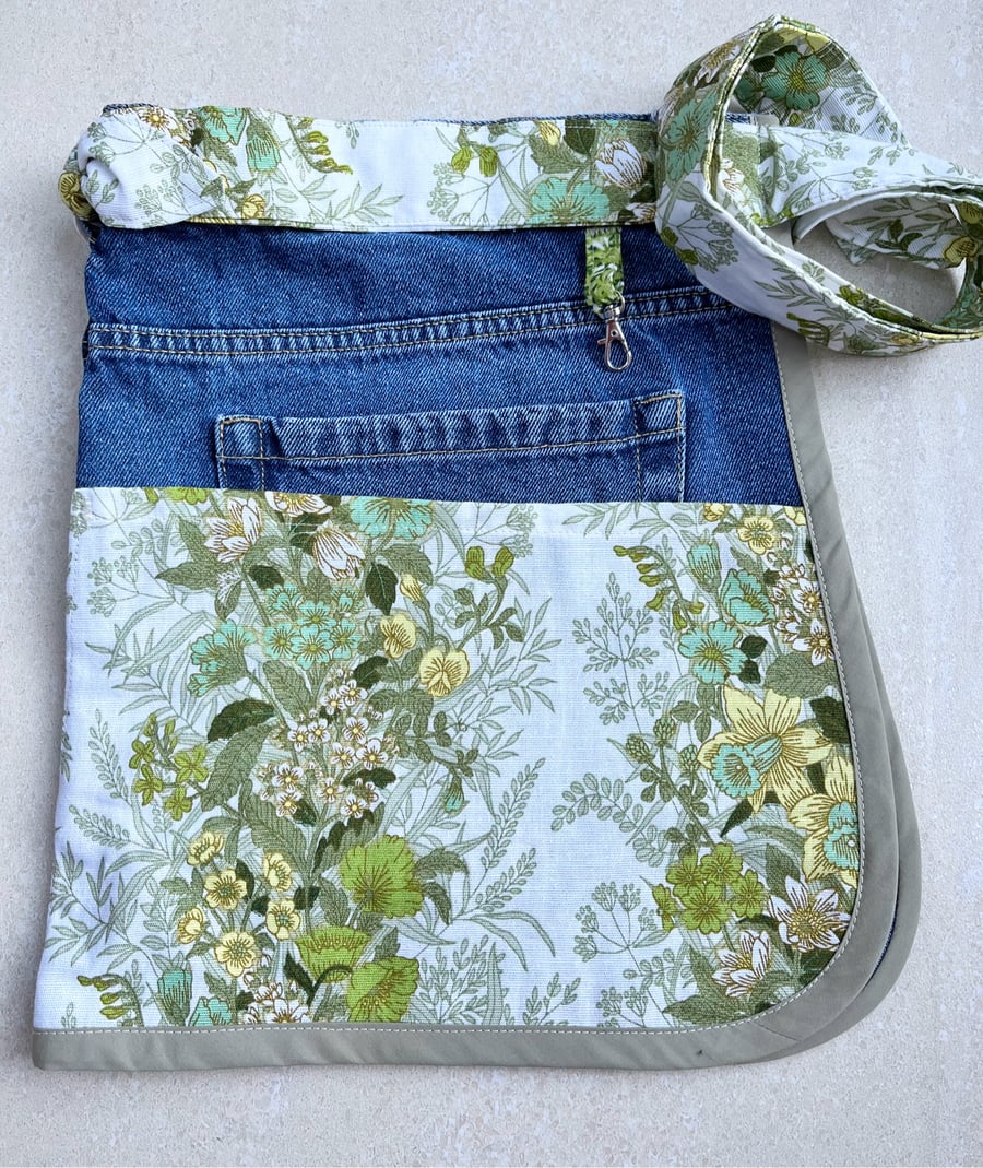 Gardening apron made from reclaimed curtain and old jeans