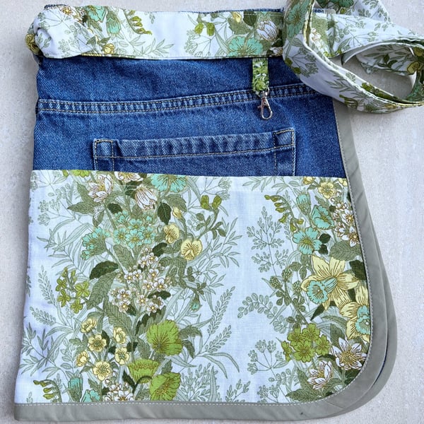 Gardening apron made from reclaimed curtain and old jeans