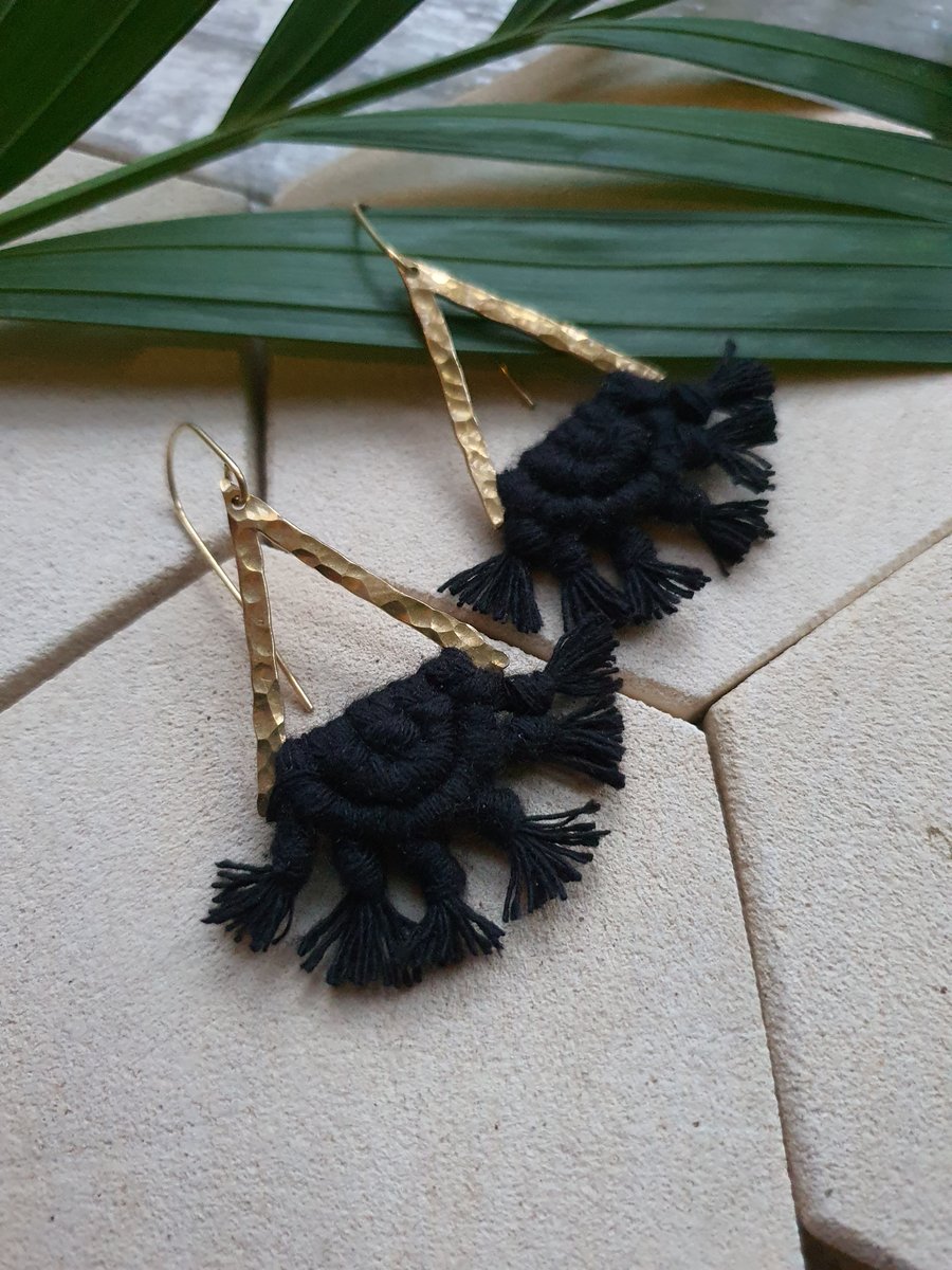 Golden Brass Triangle Cotton Fringe Earrings 