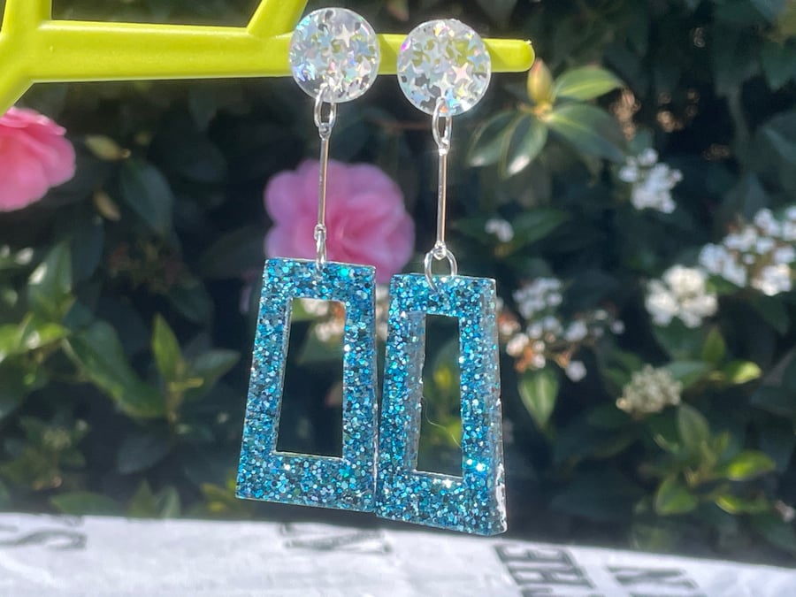 DISCO GLITTER EARRINGS geometric holograph statement turquoise blue