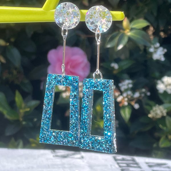 DISCO GLITTER EARRINGS geometric holograph statement turquoise blue