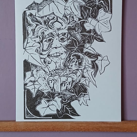 'Garden Guardian', Lino Print in Raw Umber 