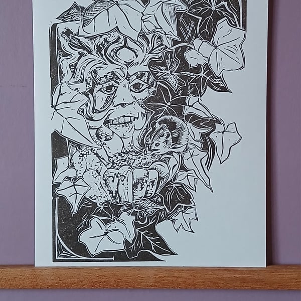 'Garden Guardian', Lino Print in Raw Umber 