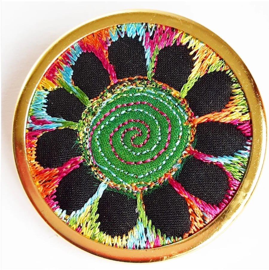 Textile Brooch in Frame with Free Machine Embroidery 