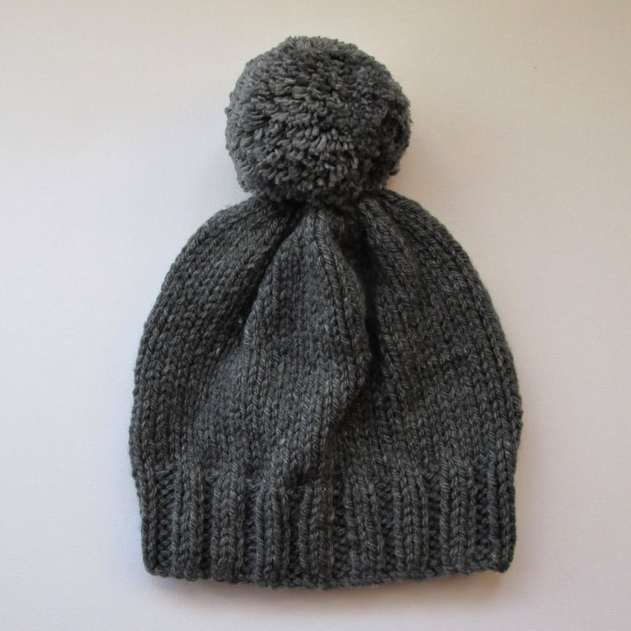 Bobble Hat in Grey Chunky Yarn