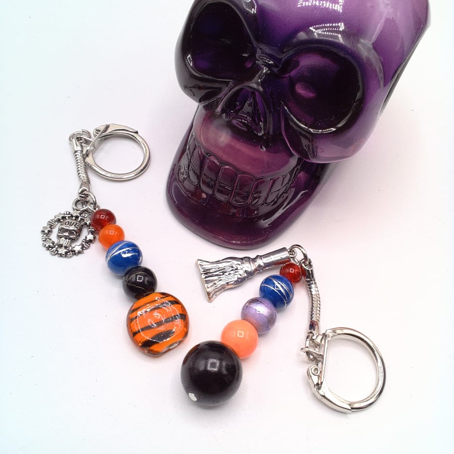 Halloween Key Rings with Multi Coloured Glass Beads and Charms, Halloween