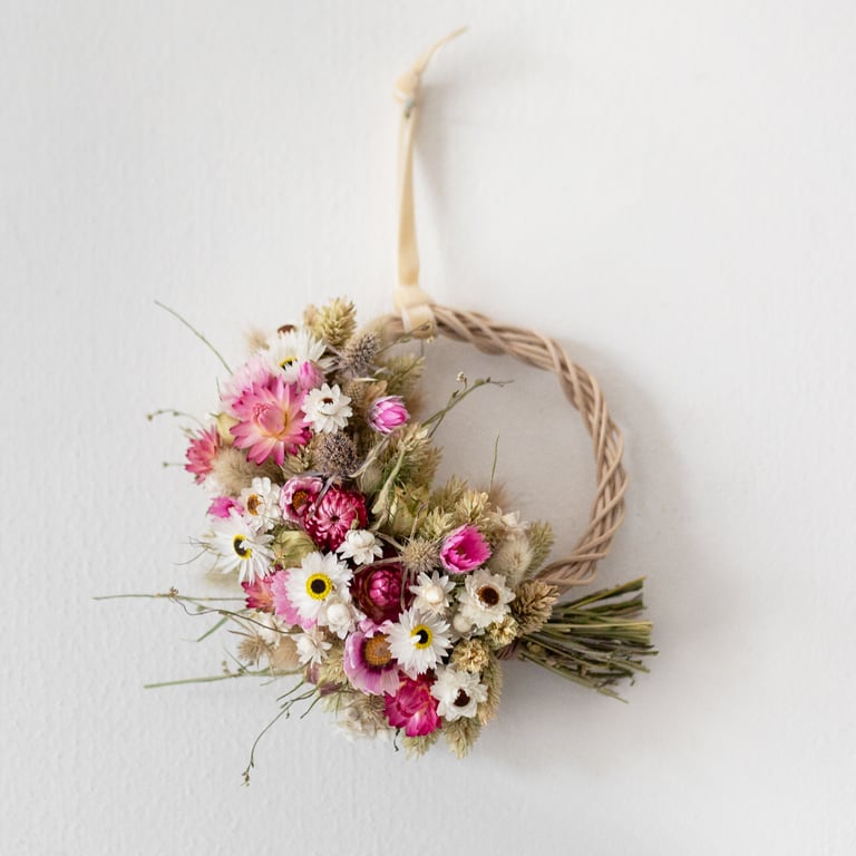 Mini handmade dried flower pink and white small wreath hanging