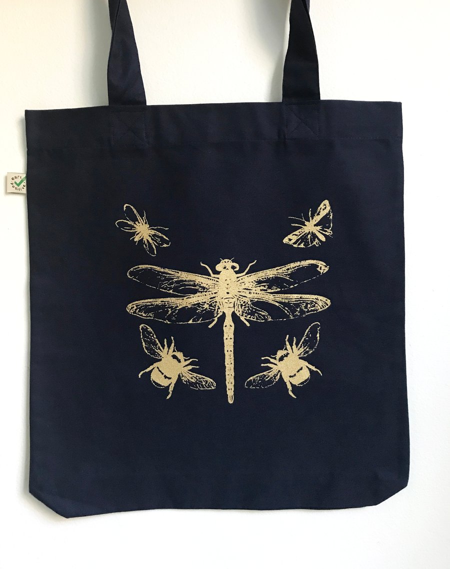 Dragonfly Bees organic cotton tote bag dark navy blue and gold print