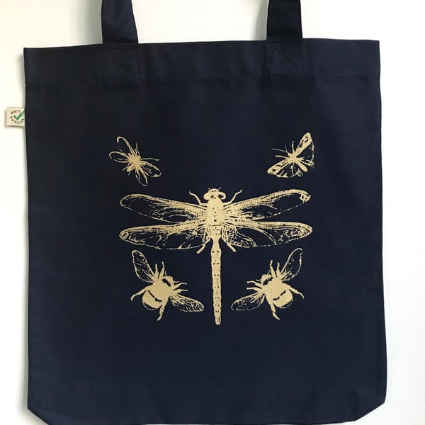 Dragonfly Bees organic cotton tote bag dark navy blue and gold print