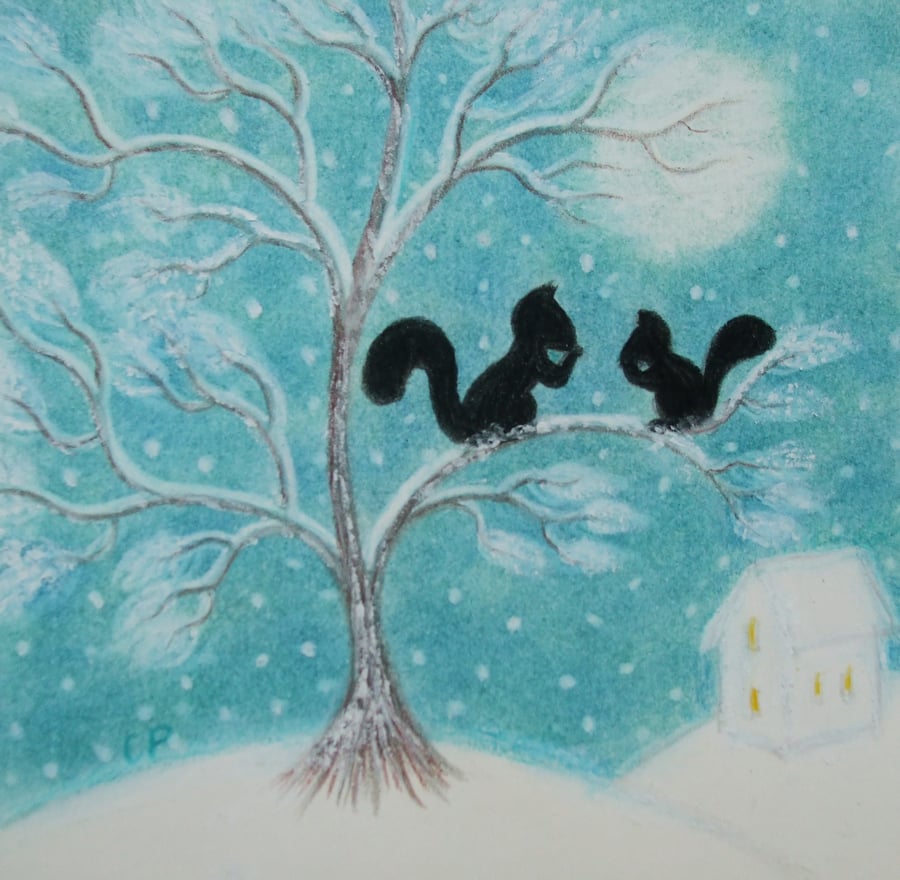 Squirrel Christmas Card, Snow Tree Squirrel Card, Children Christmas Card Animal