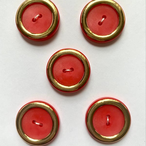 Set of 5 salmon pink and gold 2 hole vintage buttons