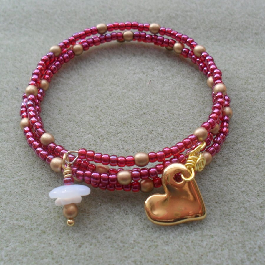 Rasberry and gold Memory Wire Bracelet