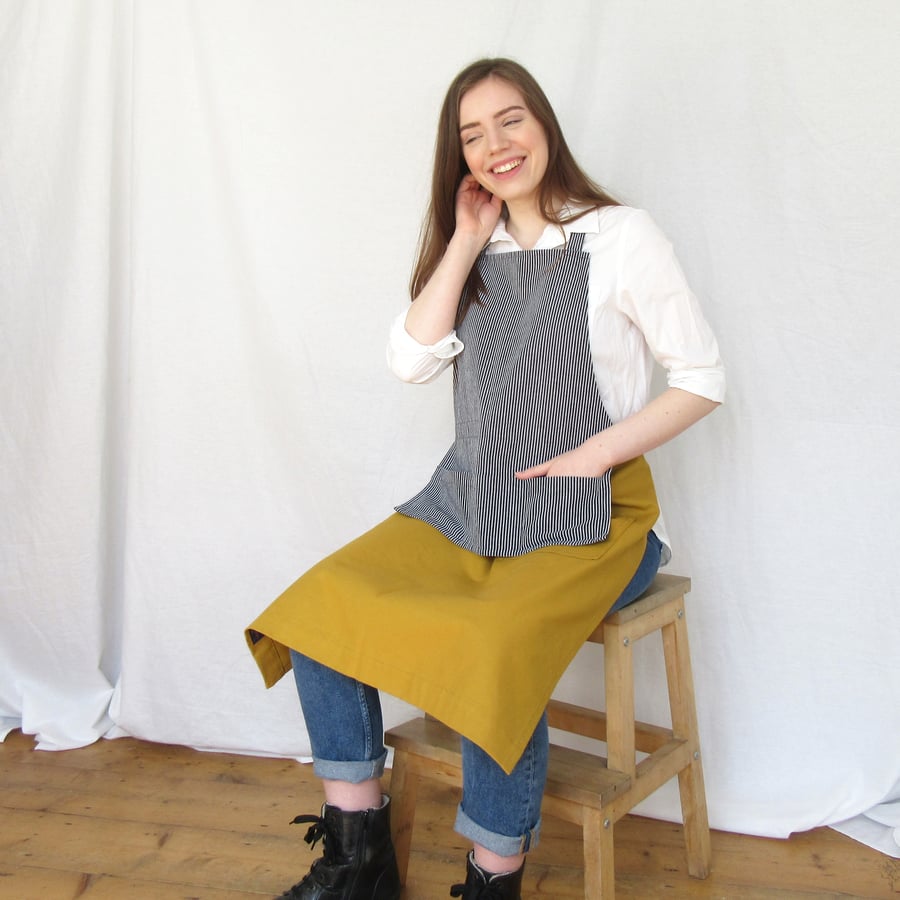 Stripe Denim and Mustard Canvas Apron, Adjustable Crossback Design No23.1