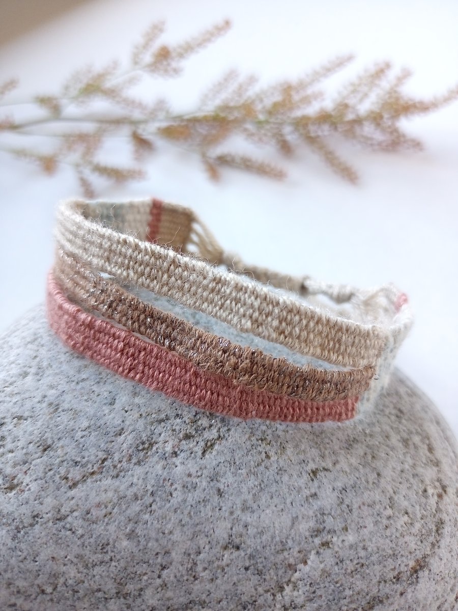 Hand Woven Friendship Bracelet in Dusky Peach, Coffee and Beige