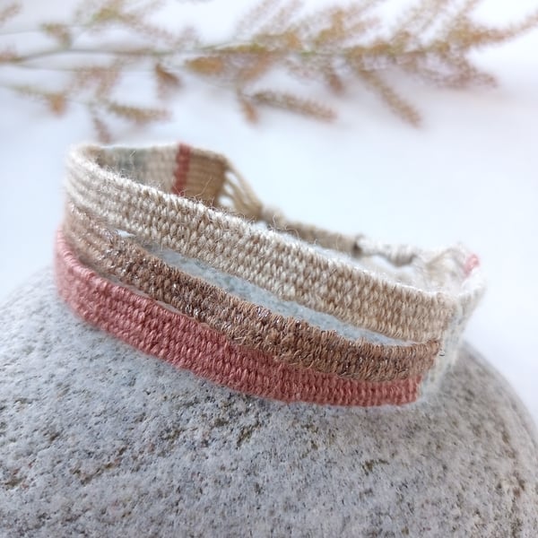 Hand Woven Friendship Bracelet in Dusky Peach, Coffee and Beige