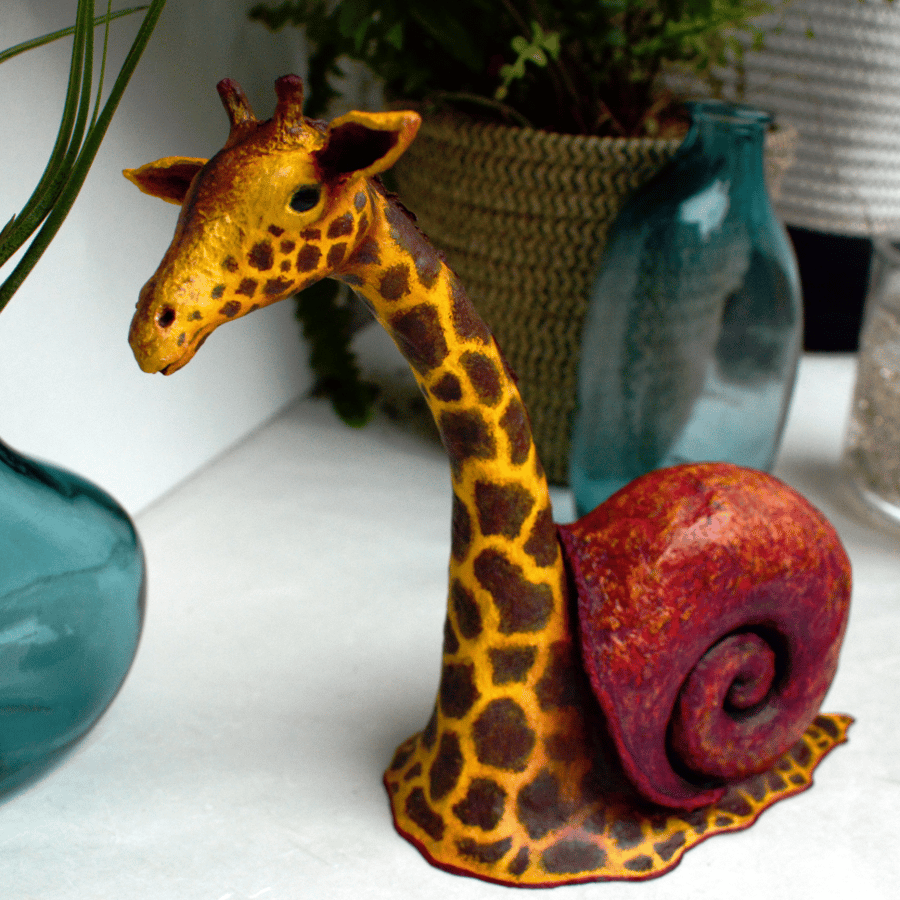 Snail Shell Giraffe - Quirky and colourful paper mache sculpture