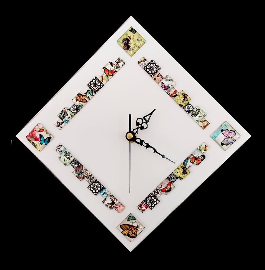 White Diamond Butterfly Cabochon Wall Clock 28cm x 28cm