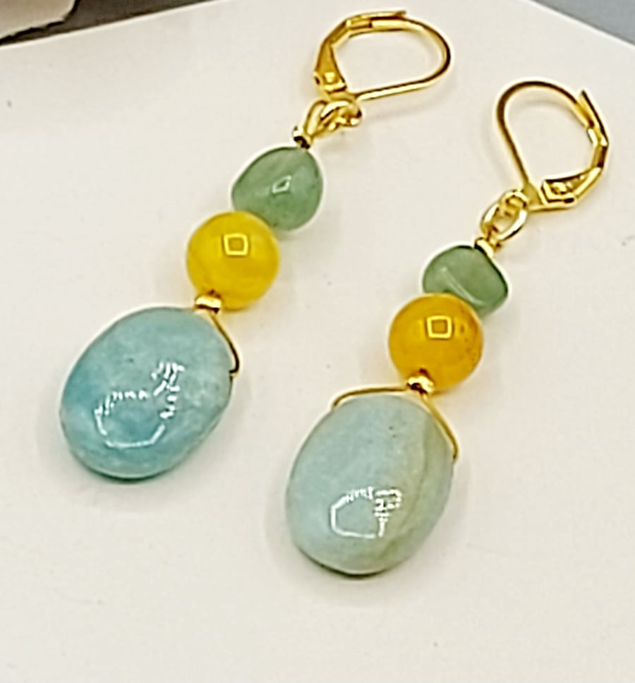 Natural Aventurine And Yellow Agate Beaded Gold Drop, Dangle Earrings