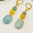Natural Aventurine And Yellow Agate Beaded Gold Drop, Dangle Earrings