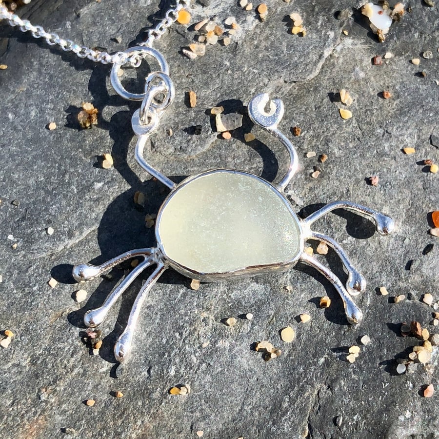 Frosty White Sea Glass & Sterling Silver Crab Pendant Necklace - 1138