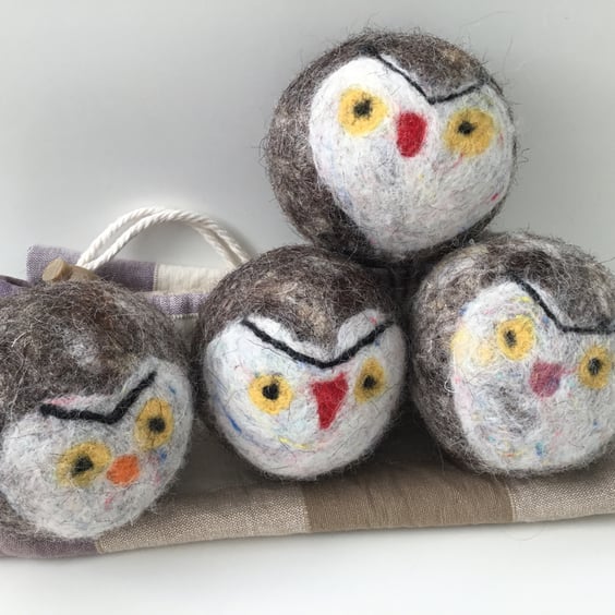 Owl design Tumble dryer balls made from felted wool. 