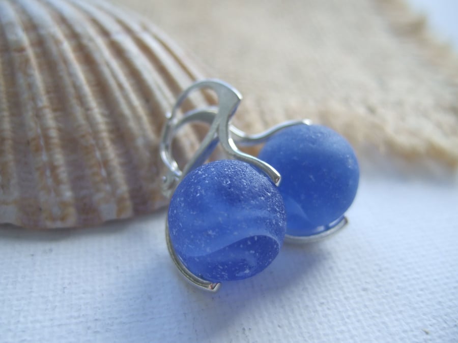 Sea glass marble earrings, blue beach found lever back marble earrings