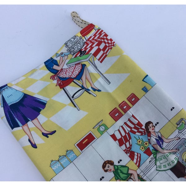 1950s ladies style fabric grocery bag holder