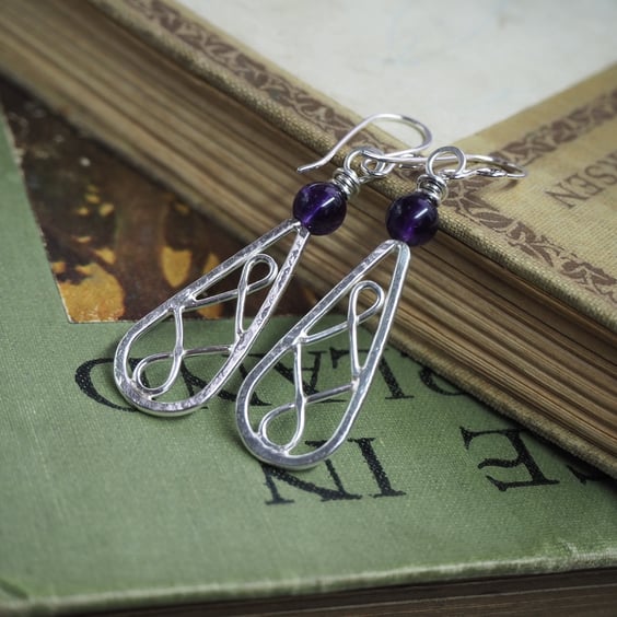 Silver and Amethyst Dangle Earrings, Long Silver Earrings, handmade jewellery