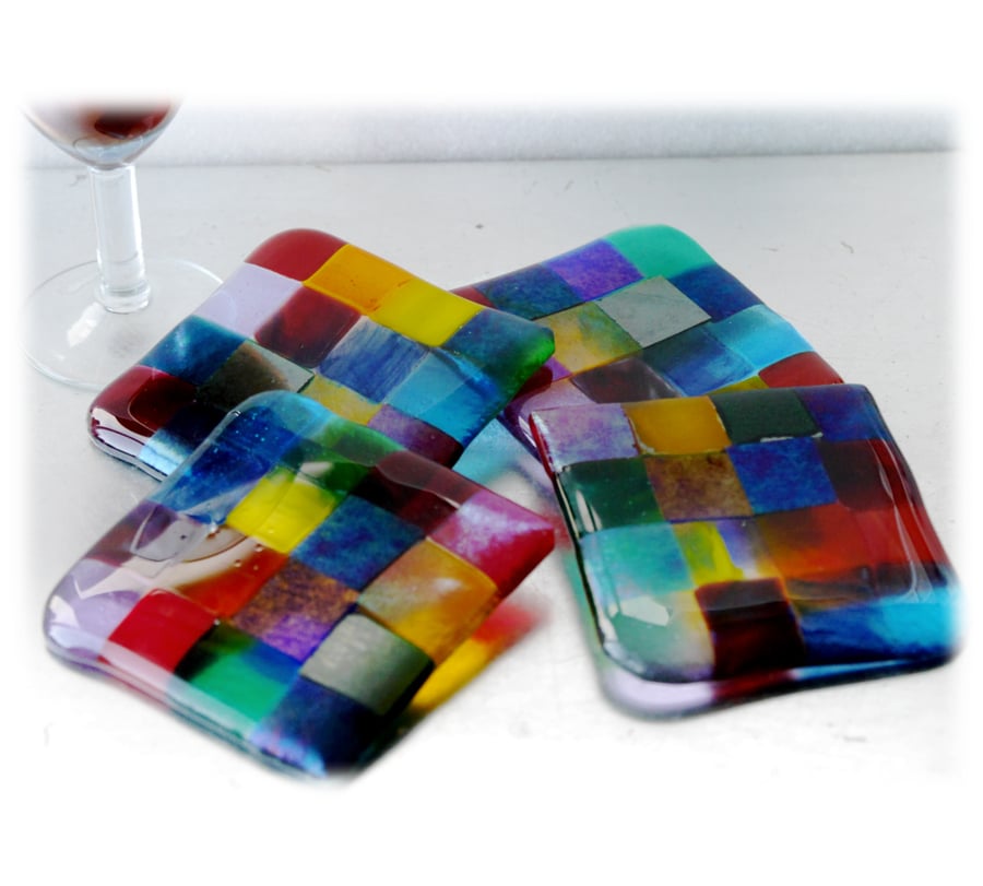 Fused Glass Coaster 8cm Rainbow patchwork Y4 