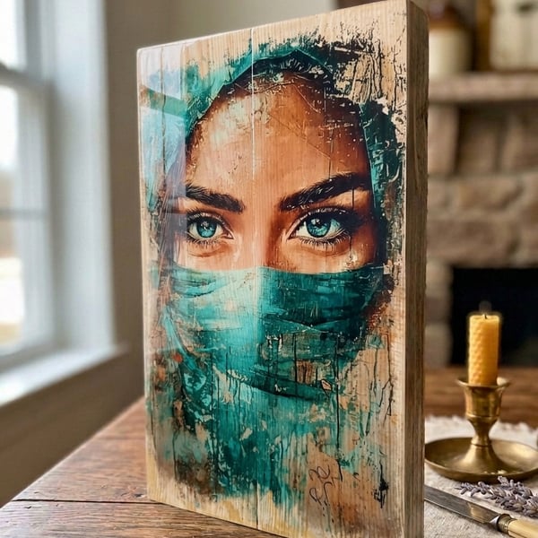 Teal Wall Art, Veiled Woman Portrait, Rustic Wood Block, Photo Transfer Art