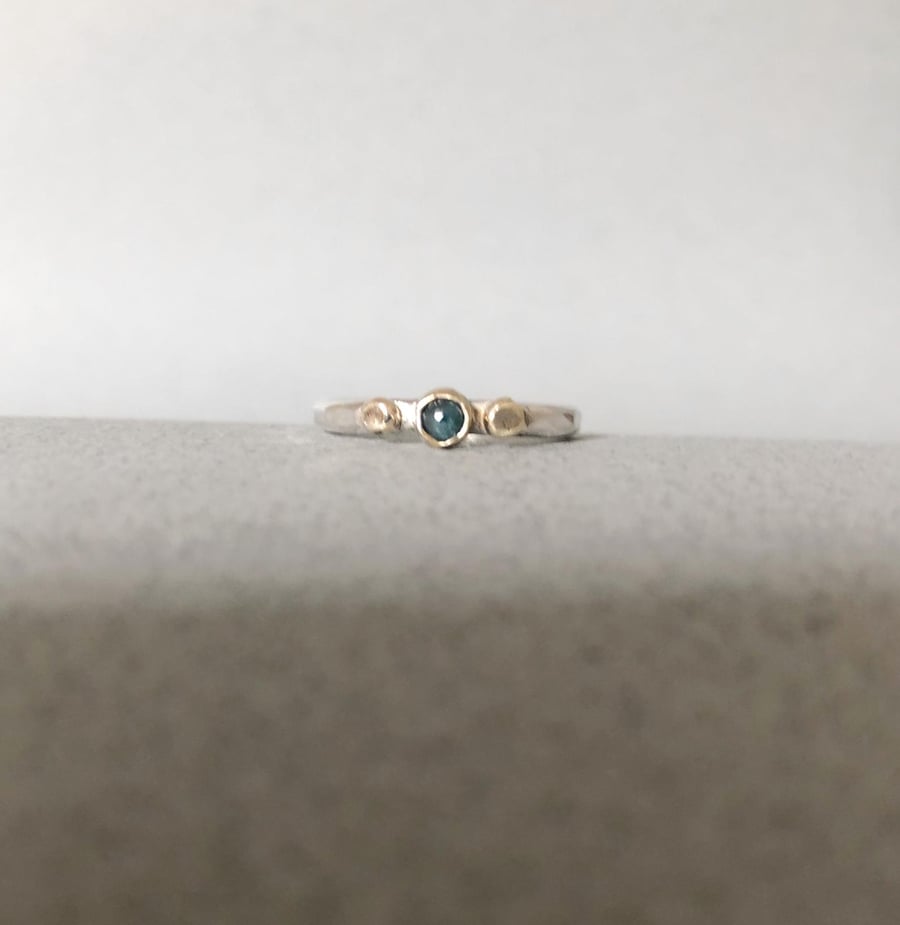 Blue Diamond Silver and Gold Ring - Diamond Ring - Engagement Ring