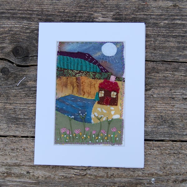 Textile landscape.  Upcycled fabric hand stitched picture 