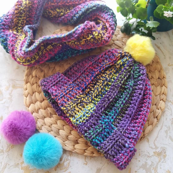 Crochet Hat & Scarf Set Infinity Scarf & Faux Fur Pompom Beanie Blackcurrant