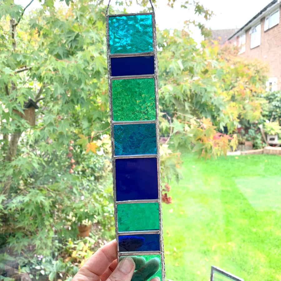 Stained Glass Strip Garden Hanger - Handmade Hanging Decoration - Blue Turquoise
