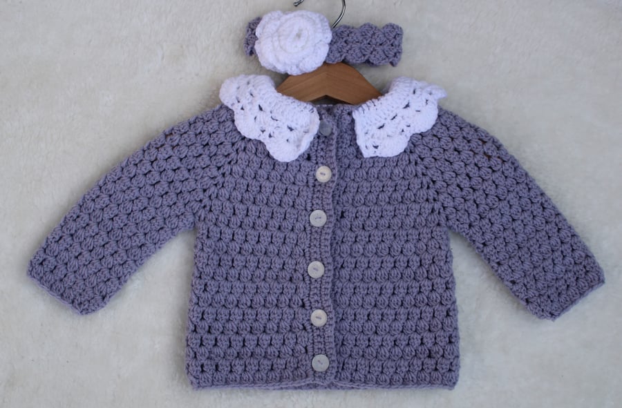 Cardigan for Baby Girl 3-6 Months - Matching Headband - New Baby Gift