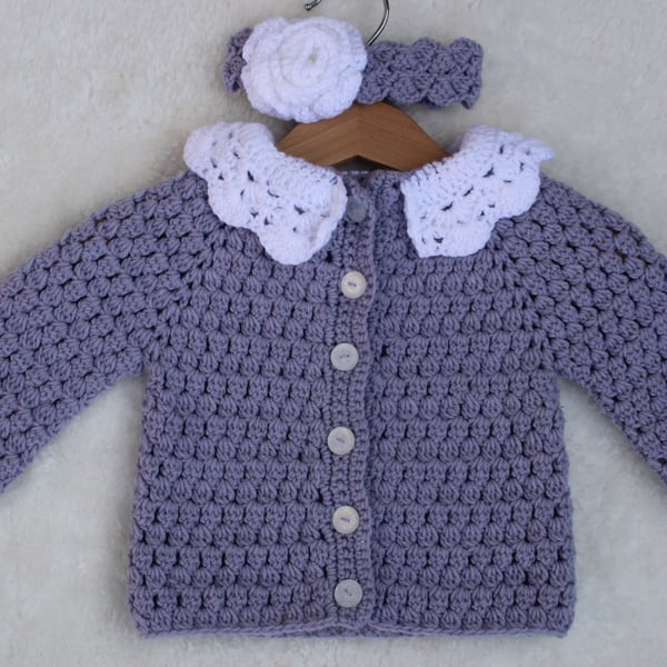 Cardigan for Baby Girl 3-6 Months - Matching Headband - New Baby Gift