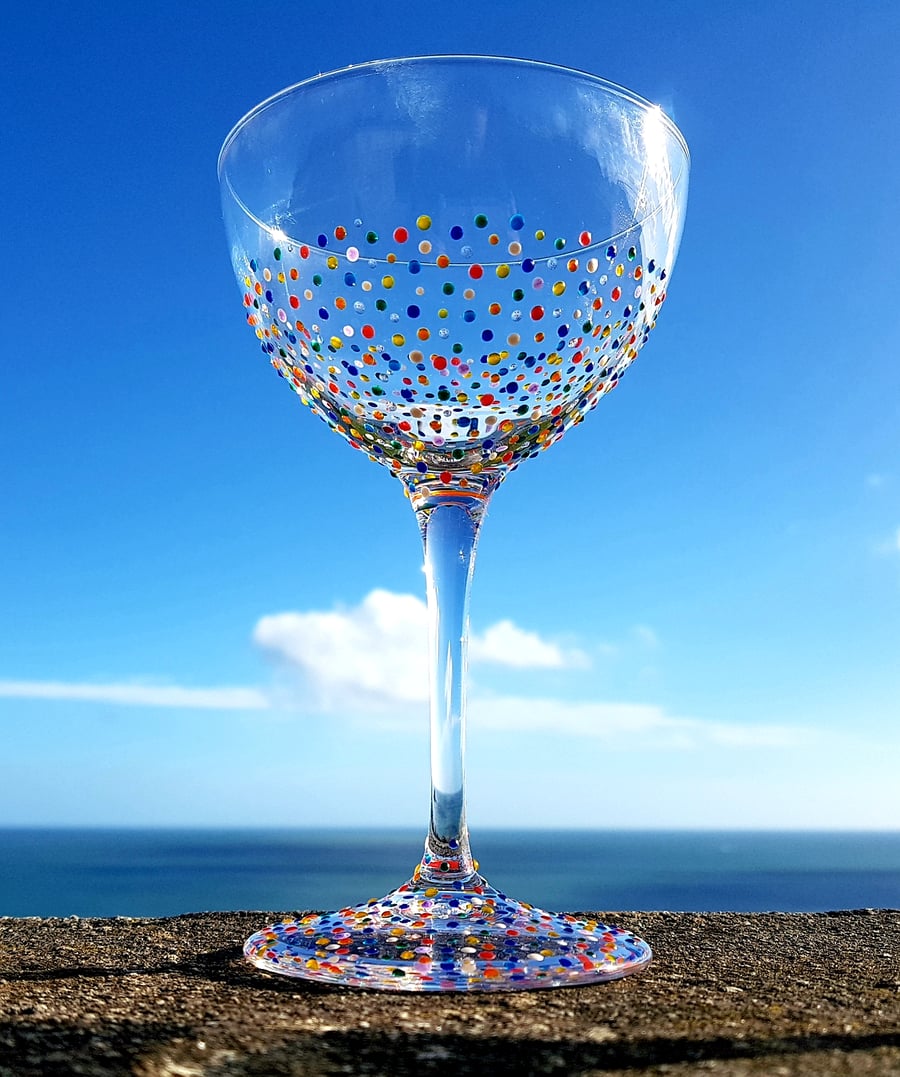 Painted Martini Cocktail Glass, Multi Coloured Dot