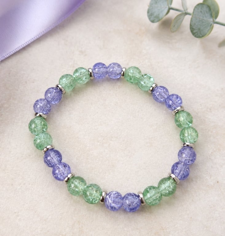 Mint Green and Lilac Crackle Bead Bracelet – Handmade Stretch Jewellery