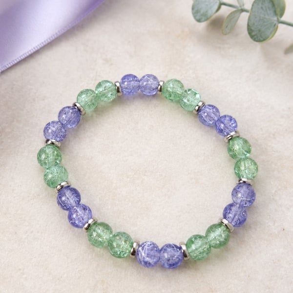 Mint Green and Lilac Crackle Bead Bracelet – Handmade Stretch Jewellery
