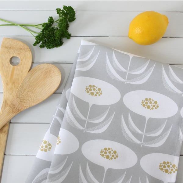 Pale Grey Dandelion Pattern Tea Towel