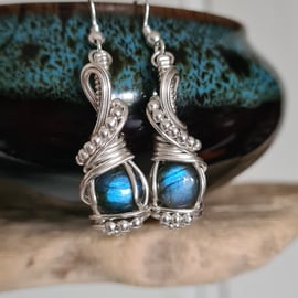 925 Silver & Natural Blue Labradorite Crystal Dangle Earrings Gift Jewellery 