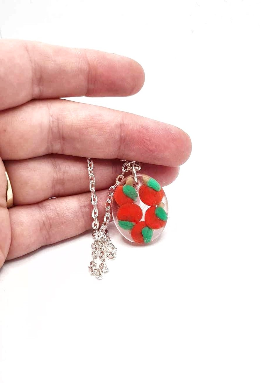 Red apple necklace, Polymer clay and resin pendant, Teachers gift