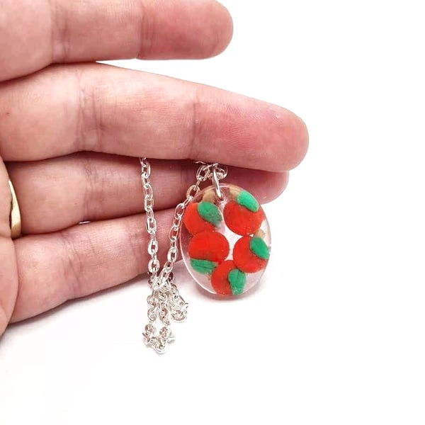 Red apple necklace, Polymer clay and resin pendant, Teachers gift