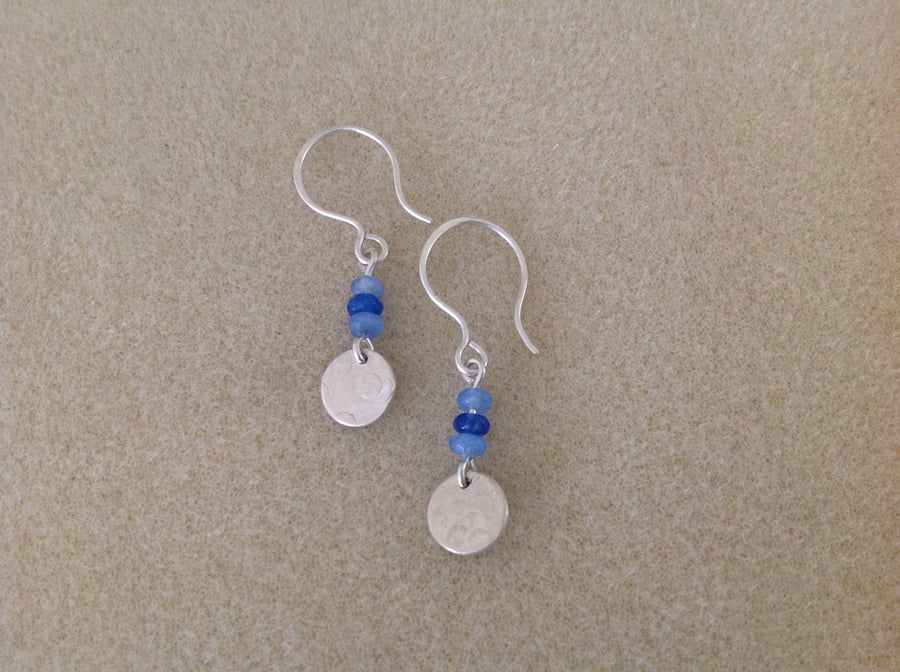 Azure blue Quartz and sterling silver coin disc earrings