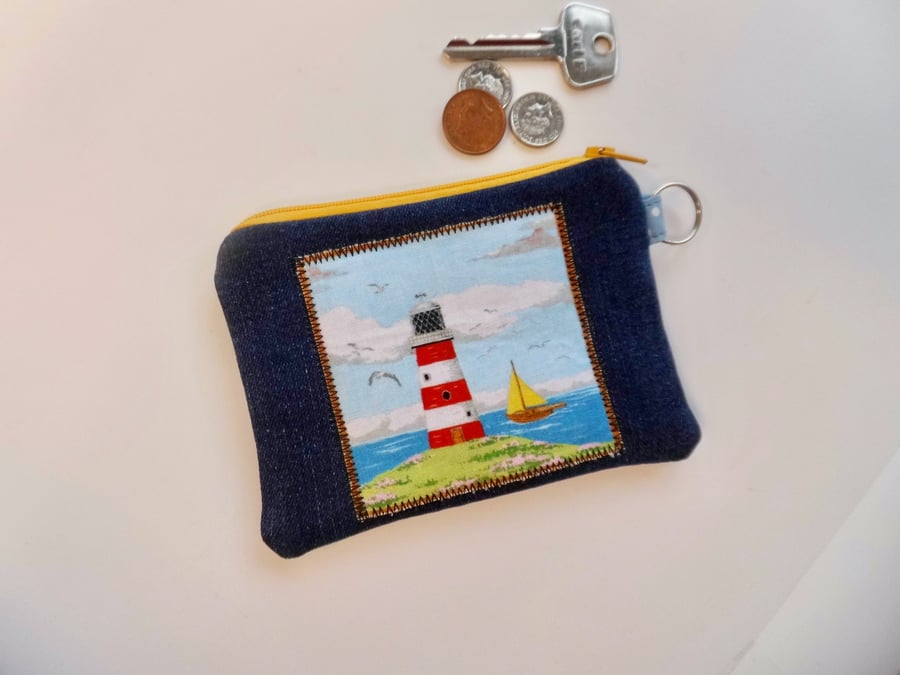 Coin purse denim lighthouse and sail boat coastal scene yellow