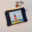 Coin purse denim lighthouse and sail boat coastal scene yellow