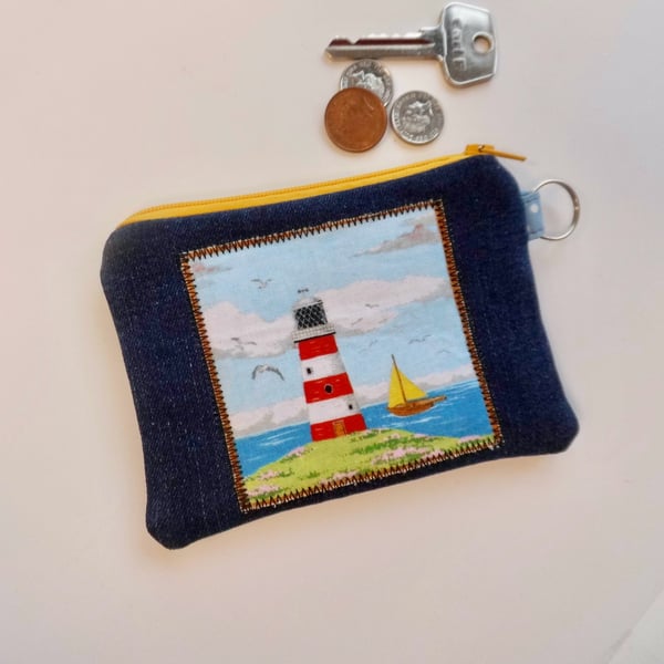 Coin purse denim lighthouse and sail boat coastal scene yellow