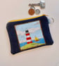 Coin purse denim lighthouse and sail boat coastal scene yellow