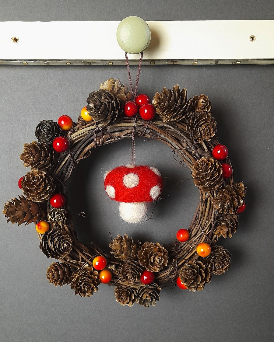 Autumn Wreath with Toadstools, Fir Cones and Berries. 
